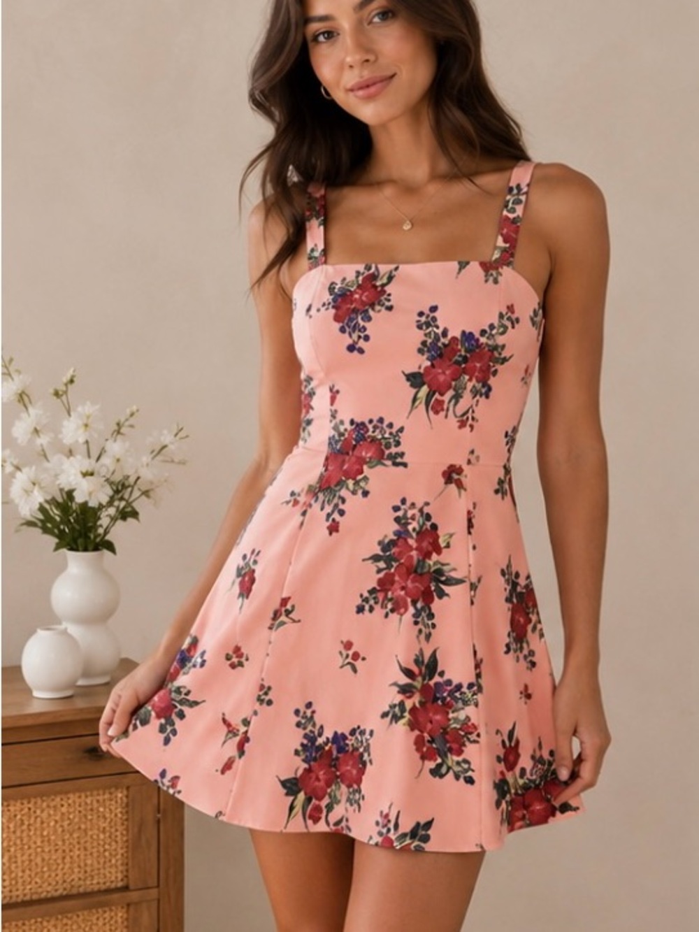 NWT Abercrombie & Fitch Pink Floral Fit & Flare Square Neck Mini Dress Sz Small